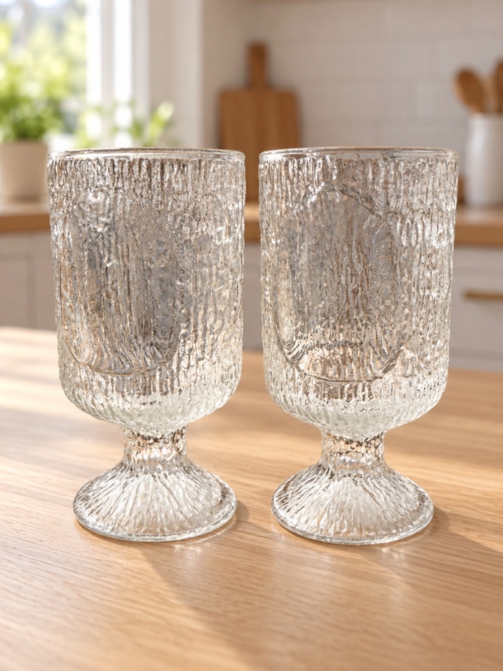 Set of 2 Vintage Indiana Glass Crystal Ice Bark Water Goblets with Window